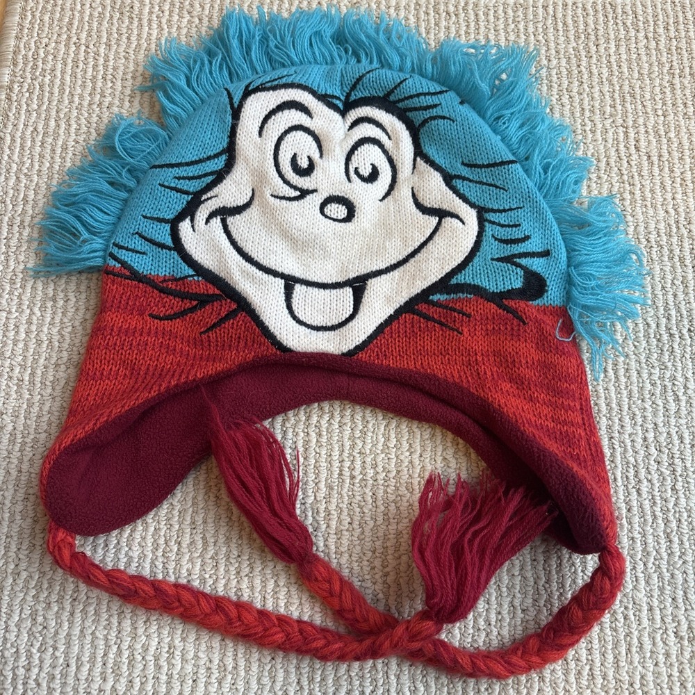 Dr. Seuss Cat in The Hat THING Mohawk Lined Sweater Beanie Hat Braid Ear Flaps